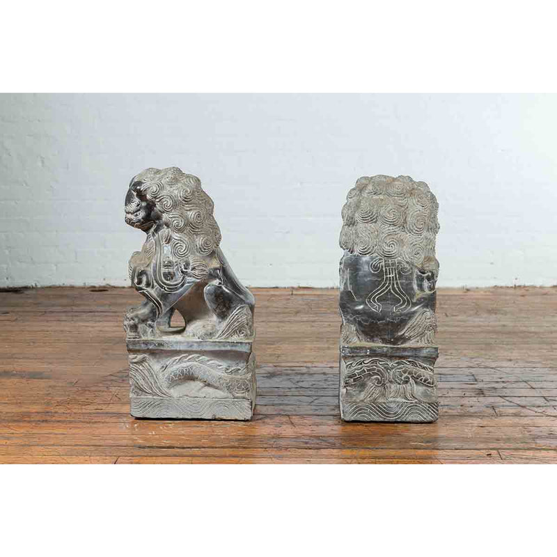 Pair of Chinese Black Marble Contemporary Facing Foo Dogs Guardian Lions