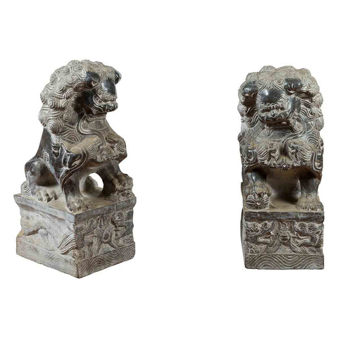 Pair of Chinese Black Marble Contemporary Facing Foo Dogs Guardian Lions- Asian Antiques, Vintage Home Decor & Chinese Furniture - FEA Home