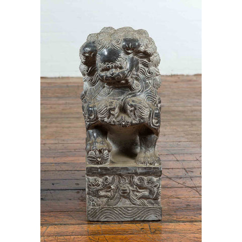 Pair of Chinese Black Marble Contemporary Facing Foo Dogs Guardian Lions