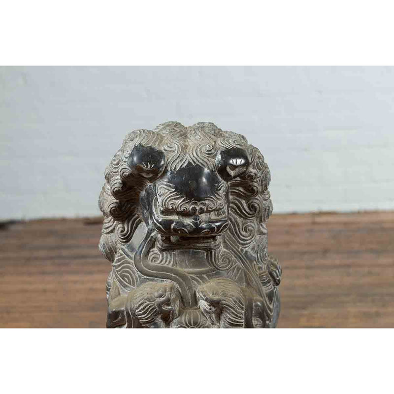 Pair of Chinese Black Marble Contemporary Facing Foo Dogs Guardian Lions
