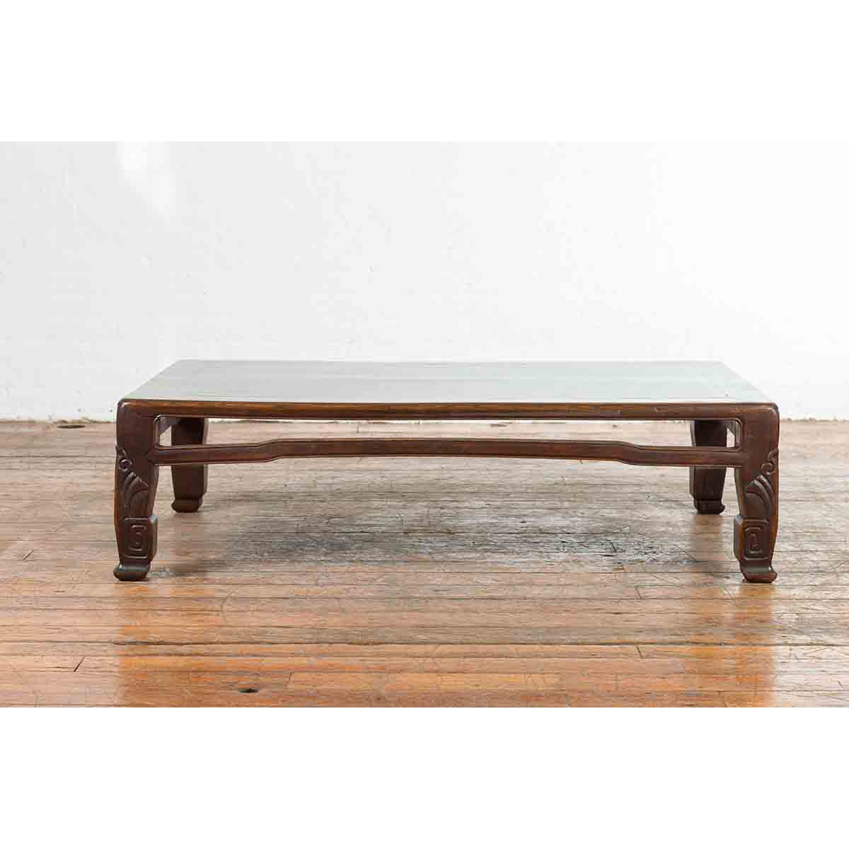 Chinese Antique Elmwood Coffee Table with Scrolling Feet and Humpback Stretchers-2. Asian & Chinese Furniture, Art, Antiques, Vintage Home Décor for sale at FEA Home