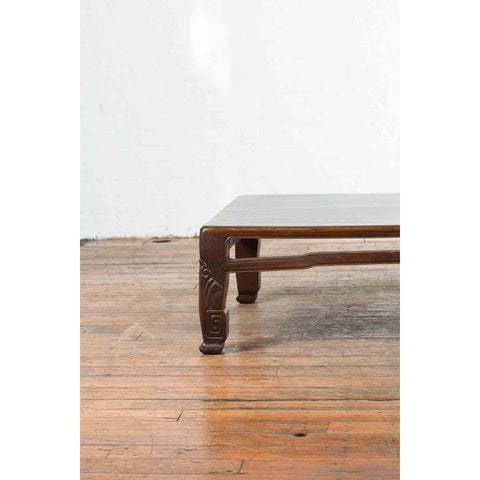 Chinese Antique Elmwood Coffee Table with Scrolling Feet and Humpback Stretchers