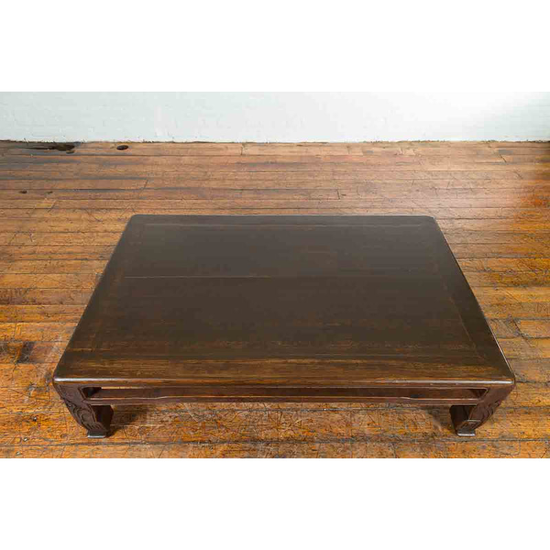 Chinese Antique Elmwood Coffee Table with Scrolling Feet and Humpback Stretchers