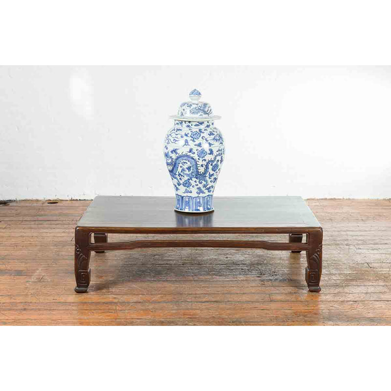 Chinese Antique Elmwood Coffee Table with Scrolling Feet and Humpback Stretchers