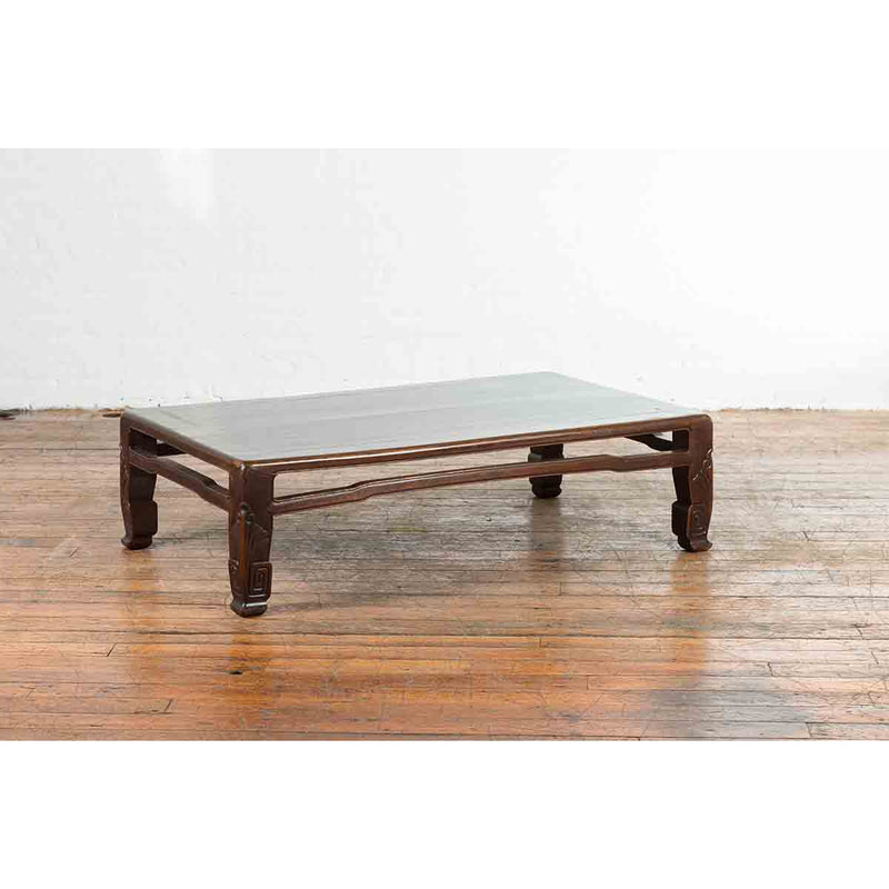 Chinese Antique Elmwood Coffee Table with Scrolling Feet and Humpback Stretchers