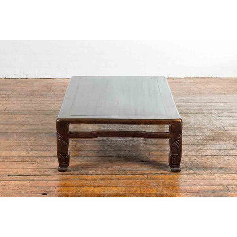 Chinese Antique Elmwood Coffee Table with Scrolling Feet and Humpback Stretchers