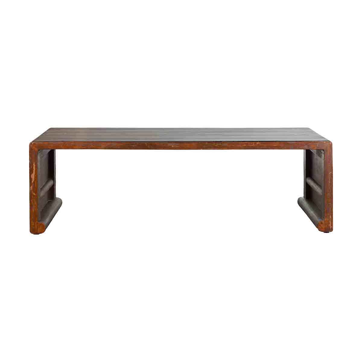 Chinese Vintage Wooden Waterfall Coffee Table with Distressed Patina and Scrolls-1. Asian & Chinese Furniture, Art, Antiques, Vintage Home Décor for sale at FEA Home