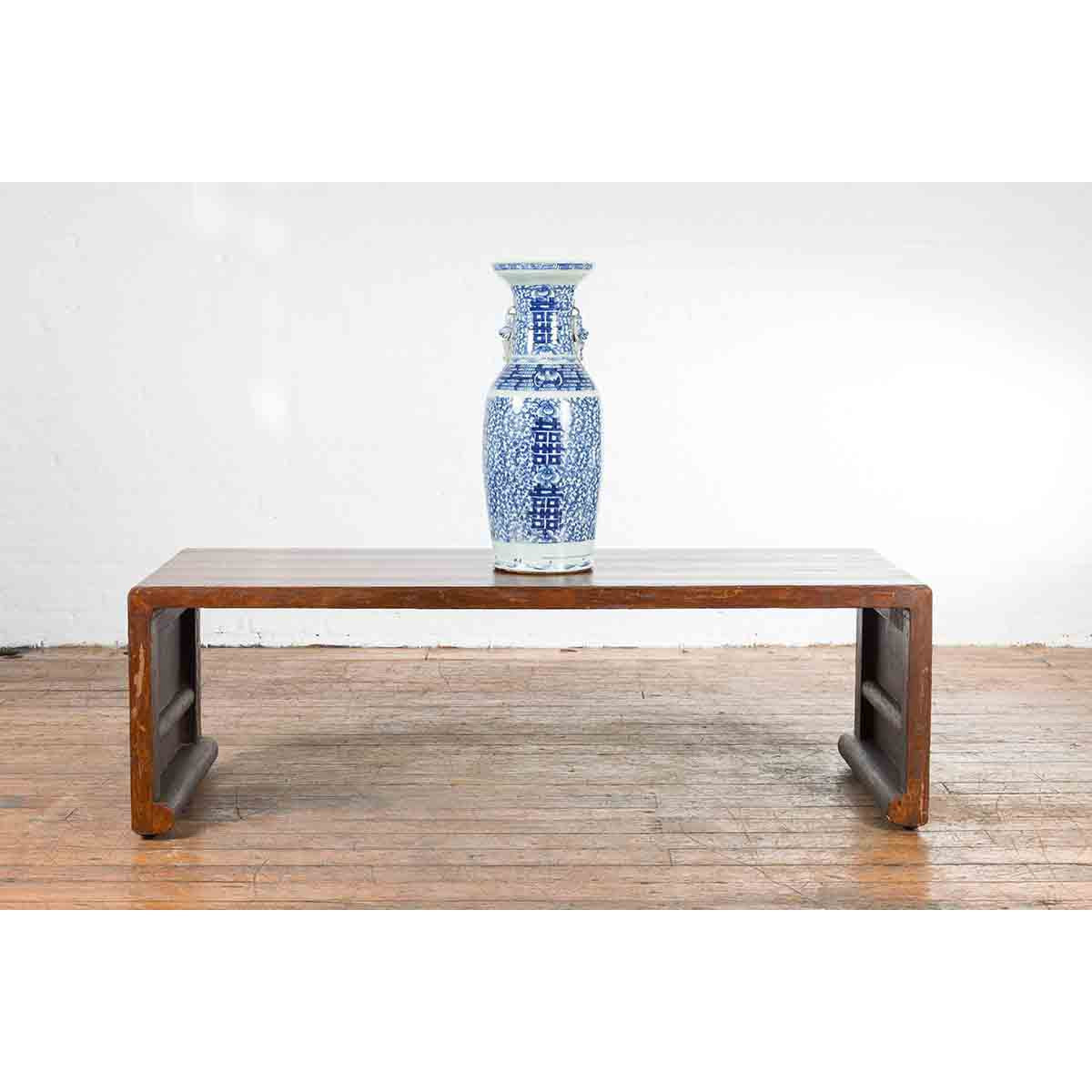 Chinese Vintage Wooden Waterfall Coffee Table with Distressed Patina and Scrolls-3. Asian &amp; Chinese Furniture, Art, Antiques, Vintage Home Décor for sale at FEA Home