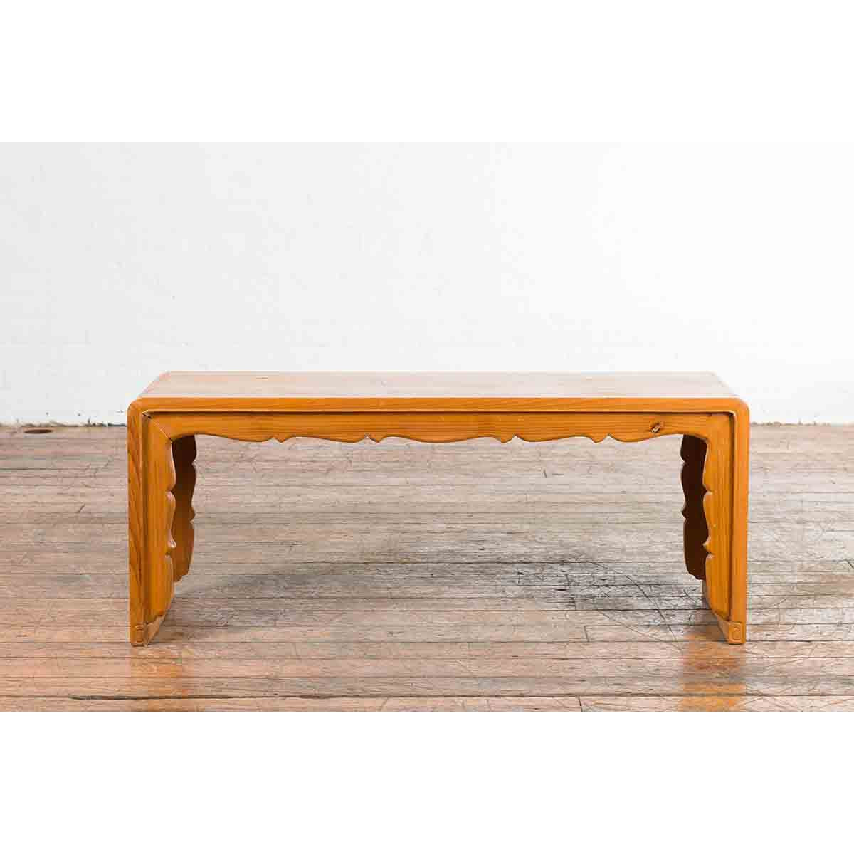 Low Vintage Elmwood Waterfall Console Table with Carved Apron & Legs-2. Asian & Chinese Furniture, Art, Antiques, Vintage Home Décor for sale at FEA Home