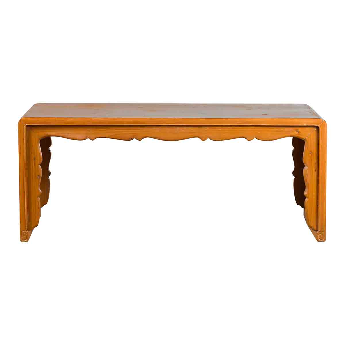 Low Vintage Elmwood Waterfall Console Table with Carved Apron & Legs-1. Asian & Chinese Furniture, Art, Antiques, Vintage Home Décor for sale at FEA Home