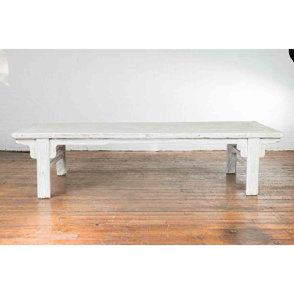 Chinese Vintage Whitewashed Coffee Table with Carved Spandrels and Stretchers-6. Asian &amp; Chinese Furniture, Art, Antiques, Vintage Home Décor for sale at FEA Home