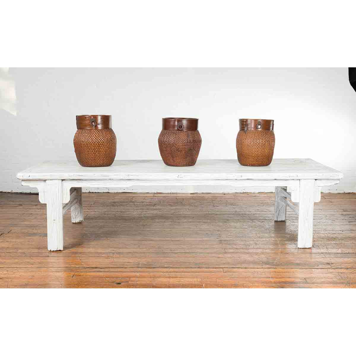 Chinese Vintage Whitewashed Coffee Table with Carved Spandrels and Stretchers-3. Asian &amp; Chinese Furniture, Art, Antiques, Vintage Home Décor for sale at FEA Home