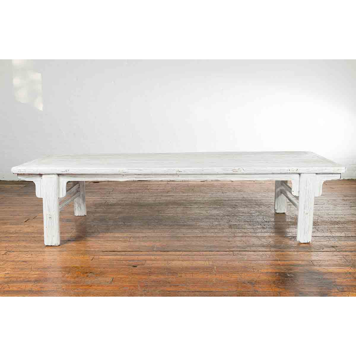 Chinese Vintage Whitewashed Coffee Table with Carved Spandrels and Stretchers-2. Asian & Chinese Furniture, Art, Antiques, Vintage Home Décor for sale at FEA Home