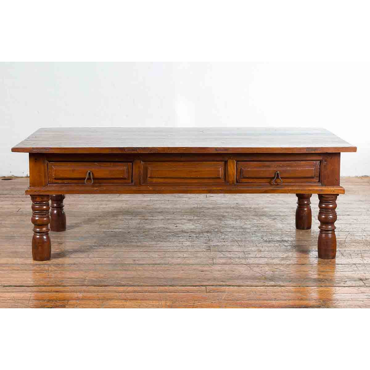 Vintage Indian Wooden Coffee Table with Two Drawers and Baluster Legs-2. Asian & Chinese Furniture, Art, Antiques, Vintage Home Décor for sale at FEA Home