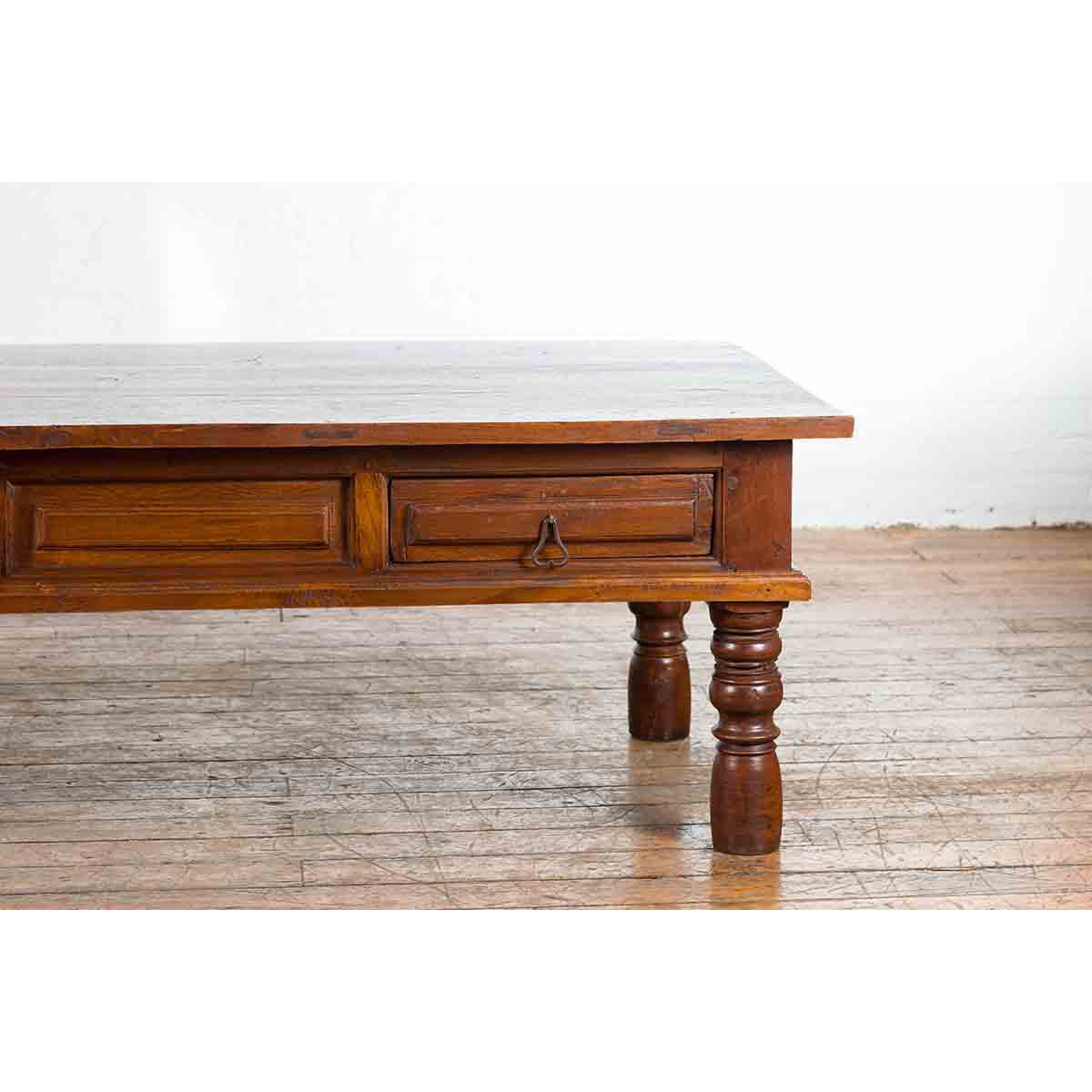 Vintage Indian Wooden Coffee Table with Two Drawers and Baluster Legs-7. Asian &amp; Chinese Furniture, Art, Antiques, Vintage Home Décor for sale at FEA Home