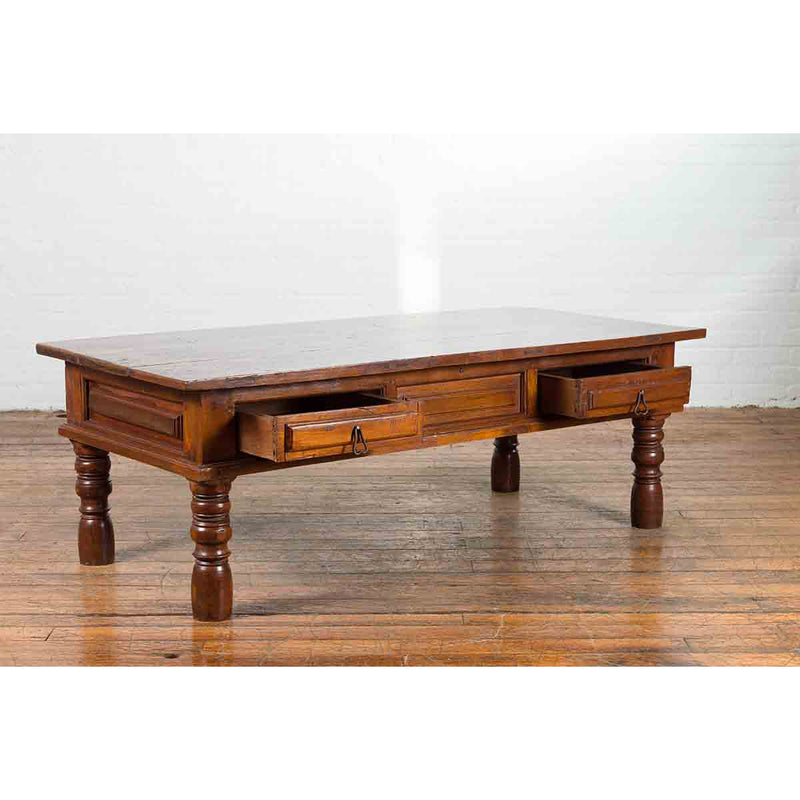 Vintage Indian Wooden Coffee Table with Two Drawers and Baluster Legs-YN7197-5. Asian & Chinese Furniture, Art, Antiques, Vintage Home Décor for sale at FEA Home
