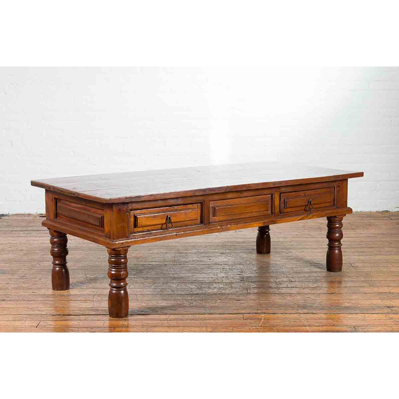 Vintage Indian Wooden Coffee Table with Two Drawers and Baluster Legs-YN7197-4. Asian & Chinese Furniture, Art, Antiques, Vintage Home Décor for sale at FEA Home