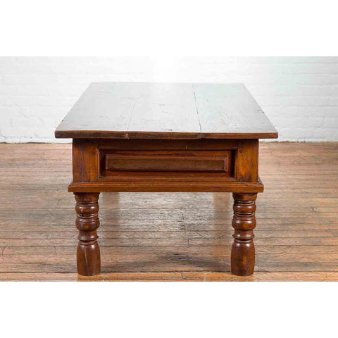 Vintage Indian Wooden Coffee Table with Two Drawers and Baluster Legs-YN7197-8. Asian & Chinese Furniture, Art, Antiques, Vintage Home Décor for sale at FEA Home