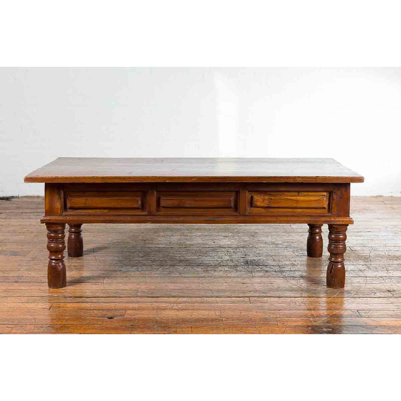 Vintage Indian Wooden Coffee Table with Two Drawers and Baluster Legs-YN7197-9. Asian & Chinese Furniture, Art, Antiques, Vintage Home Décor for sale at FEA Home