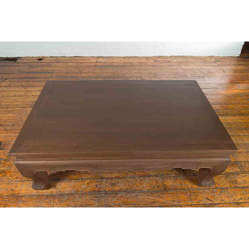 Vintage Thai Chow Legs Coffee Table with Carved Apron and Brown Patina