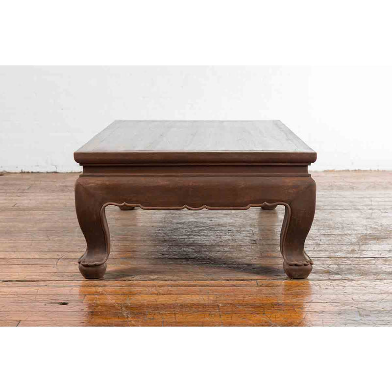 Vintage Thai Brown Wooden Coffee Table with Waisted Carved Apron and Chow Legs-YN7200-11. Asian & Chinese Furniture, Art, Antiques, Vintage Home Décor for sale at FEA Home