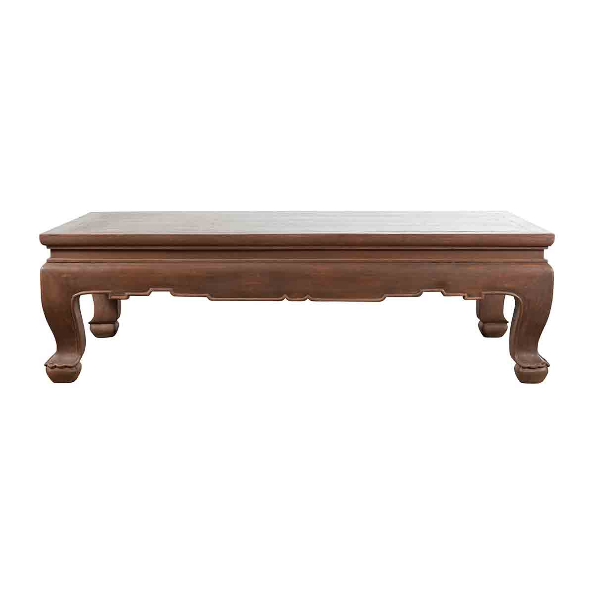 Vintage Thai Brown Wooden Coffee Table with Waisted Carved Apron and Chow Legs-1. Asian & Chinese Furniture, Art, Antiques, Vintage Home Décor for sale at FEA Home