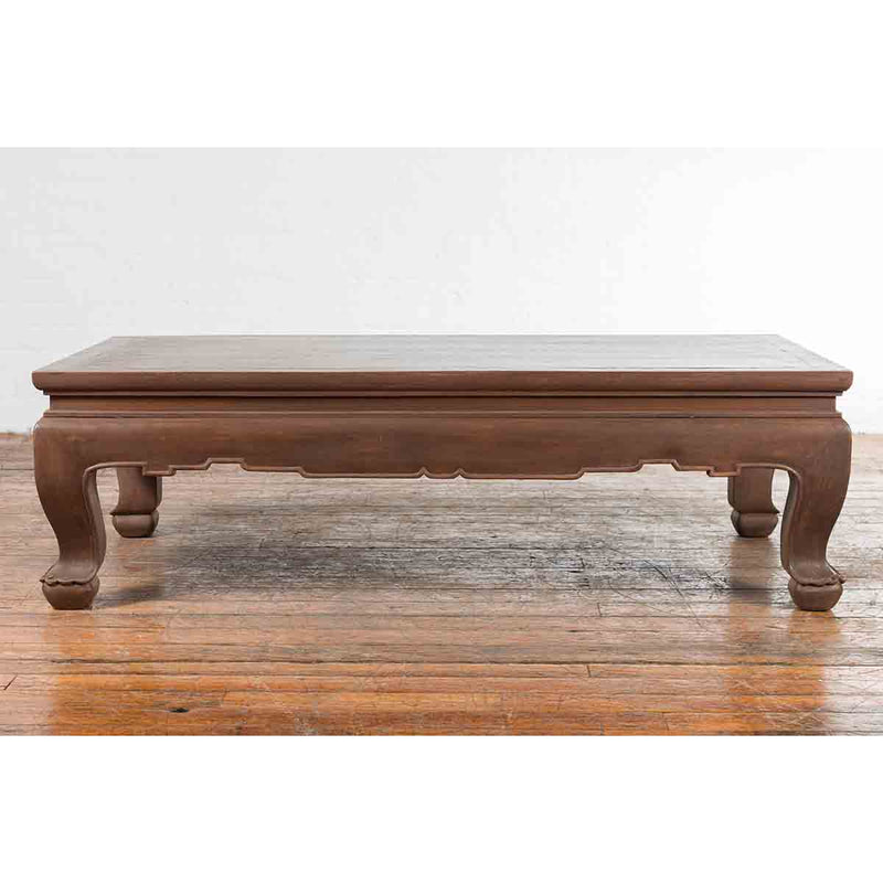Vintage Thai Brown Wooden Coffee Table with Waisted Carved Apron and Chow Legs-YN7200-3. Asian & Chinese Furniture, Art, Antiques, Vintage Home Décor for sale at FEA Home