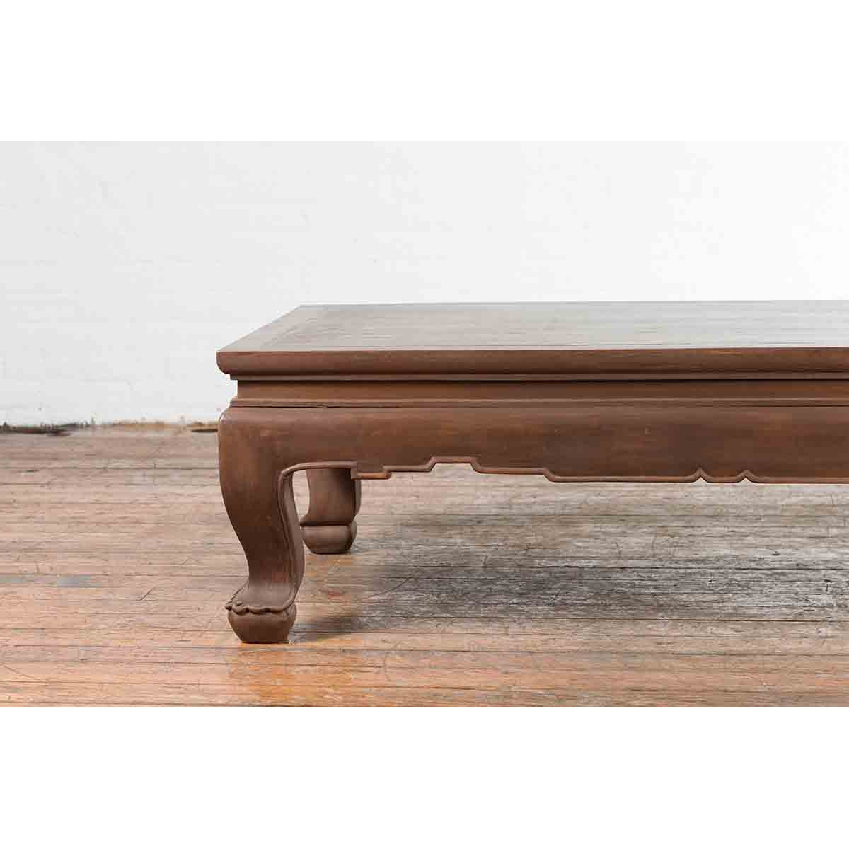 Vintage Thai Brown Wooden Coffee Table with Waisted Carved Apron and Chow Legs-5. Asian &amp; Chinese Furniture, Art, Antiques, Vintage Home Décor for sale at FEA Home
