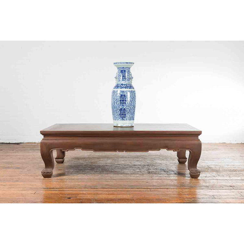 Vintage Thai Brown Wooden Coffee Table with Waisted Carved Apron and Chow Legs-YN7200-4. Asian & Chinese Furniture, Art, Antiques, Vintage Home Décor for sale at FEA Home