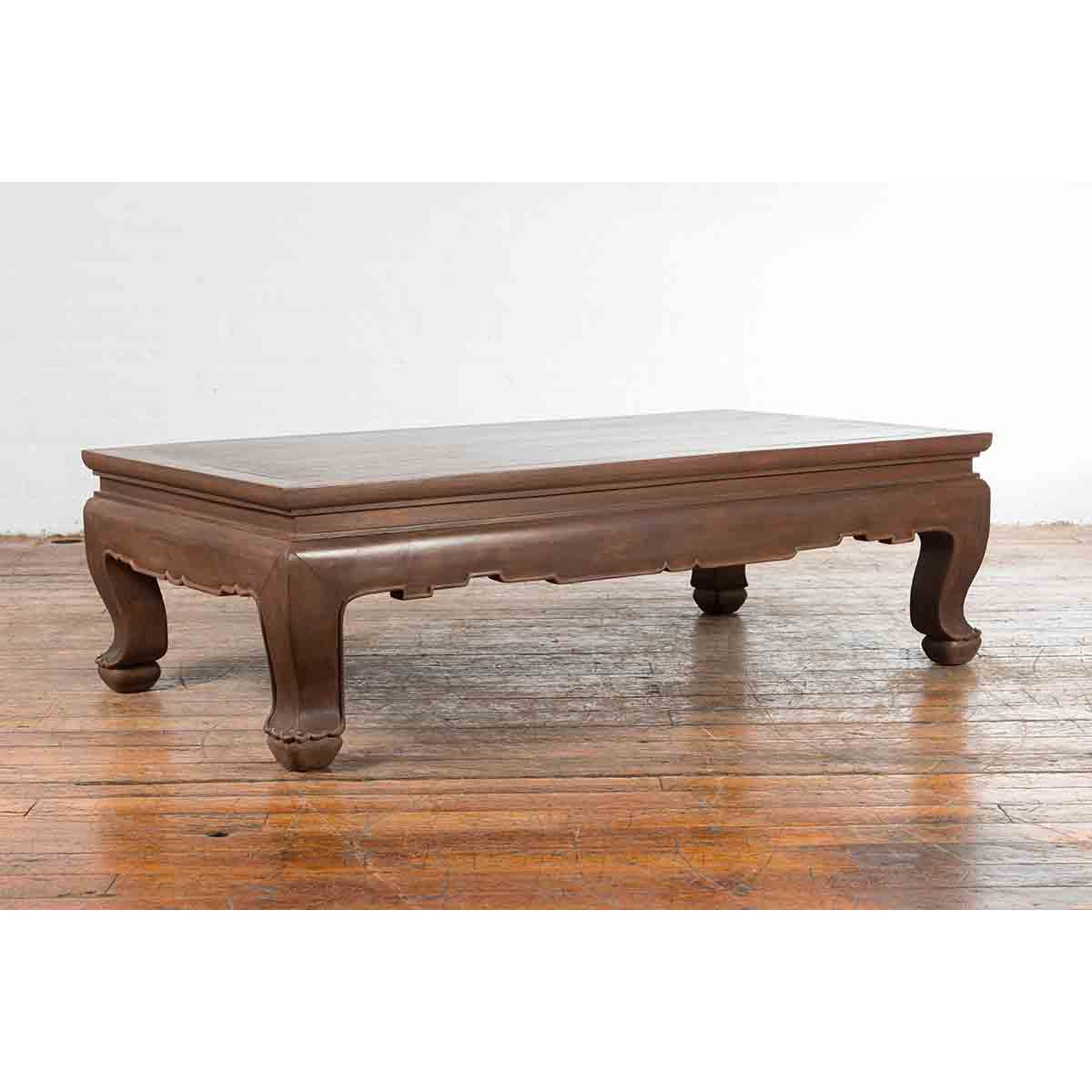 Vintage Thai Brown Wooden Coffee Table with Waisted Carved Apron and Chow Legs-2. Asian & Chinese Furniture, Art, Antiques, Vintage Home Décor for sale at FEA Home