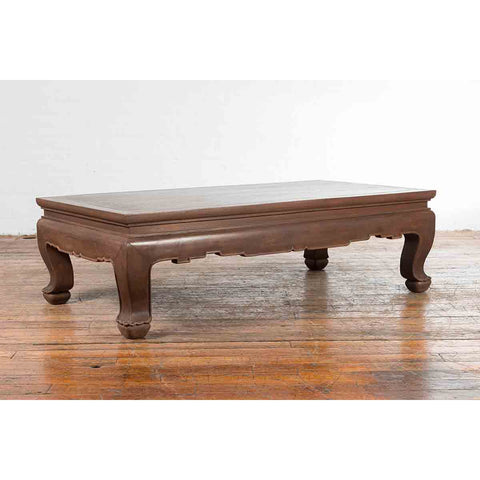 Vintage Thai Brown Wooden Coffee Table with Waisted Carved Apron and Chow Legs-YN7200-2. Asian & Chinese Furniture, Art, Antiques, Vintage Home Décor for sale at FEA Home