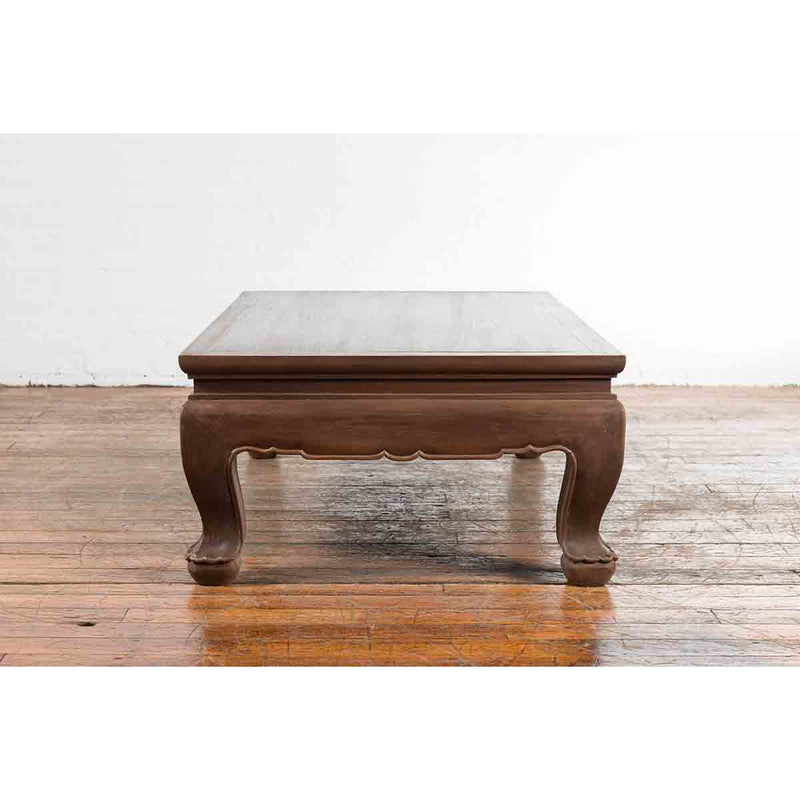 Vintage Thai Brown Wooden Coffee Table with Waisted Carved Apron and Chow Legs-YN7200-8. Asian & Chinese Furniture, Art, Antiques, Vintage Home Décor for sale at FEA Home