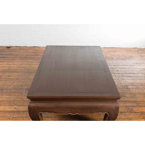Vintage Thai Brown Wooden Coffee Table with Waisted Carved Apron and Chow Legs-YN7200-9. Asian & Chinese Furniture, Art, Antiques, Vintage Home Décor for sale at FEA Home