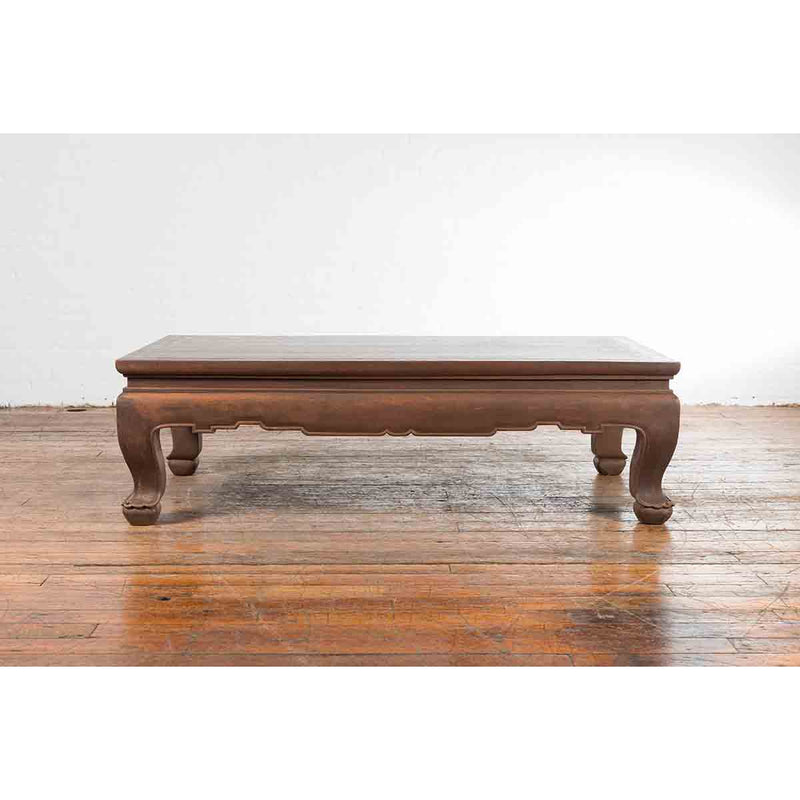 Vintage Thai Brown Wooden Coffee Table with Waisted Carved Apron and Chow Legs-YN7200-10. Asian & Chinese Furniture, Art, Antiques, Vintage Home Décor for sale at FEA Home