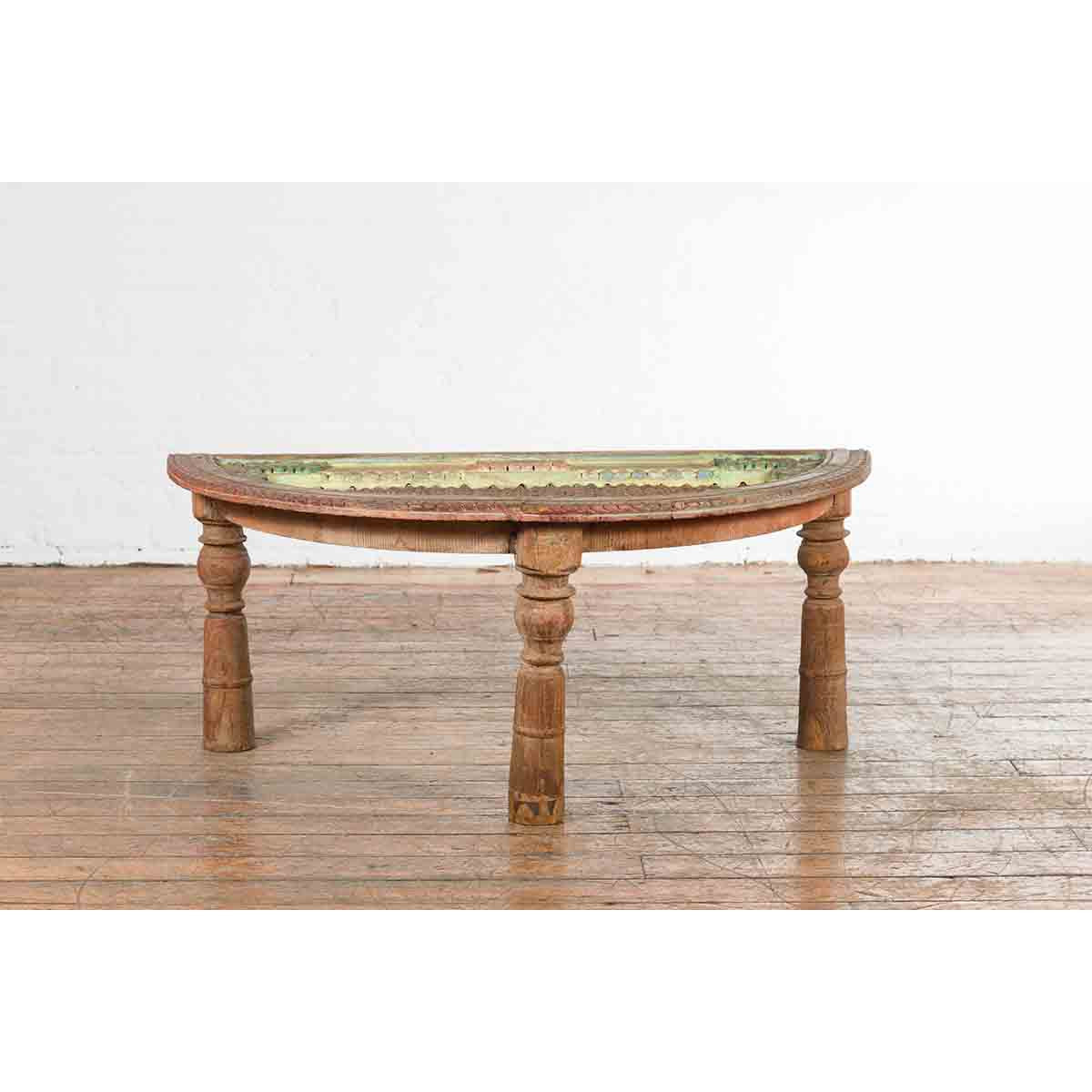 Indian 19th Century Sheesham Wood Low Demilune Table with Window Grate Iron Top-2. Asian & Chinese Furniture, Art, Antiques, Vintage Home Décor for sale at FEA Home