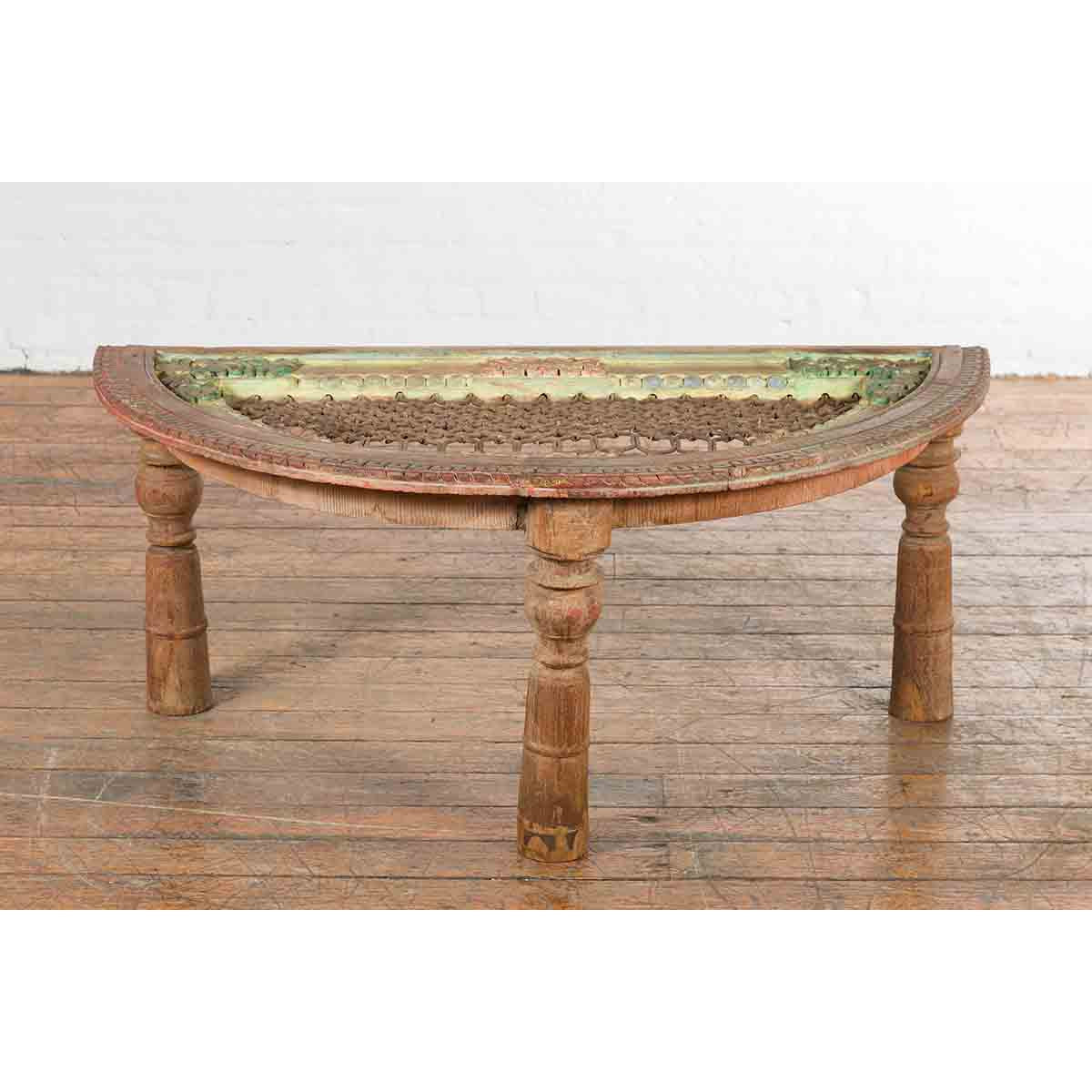 Indian 19th Century Sheesham Wood Low Demilune Table with Window Grate Iron Top-6. Asian &amp; Chinese Furniture, Art, Antiques, Vintage Home Décor for sale at FEA Home