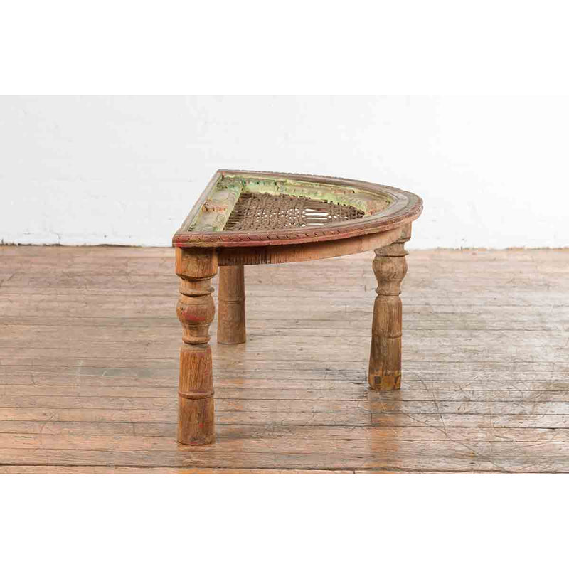 Indian 19th Century Sheesham Wood Low Demilune Table with Window Grate Iron Top