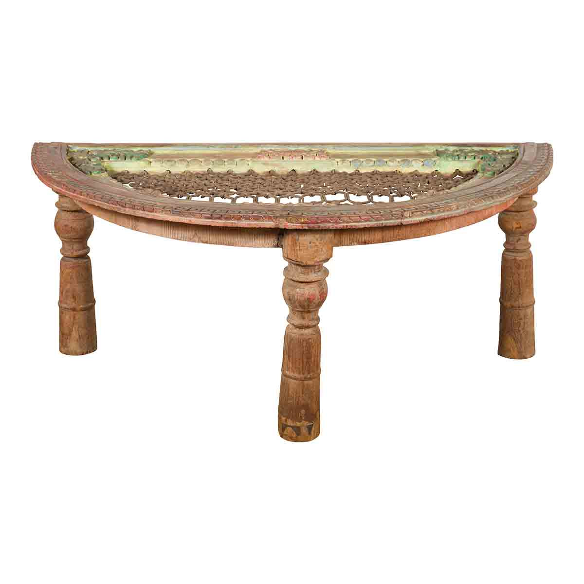Indian 19th Century Sheesham Wood Low Demilune Table with Window Grate Iron Top-1. Asian & Chinese Furniture, Art, Antiques, Vintage Home Décor for sale at FEA Home