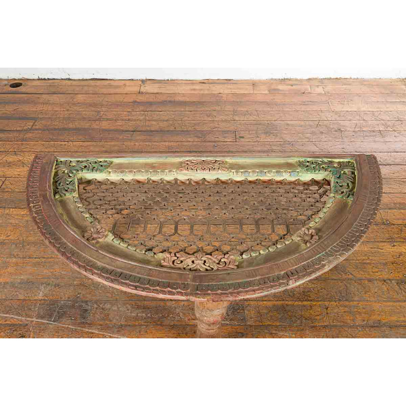 Indian 19th Century Sheesham Wood Low Demilune Table with Window Grate Iron Top