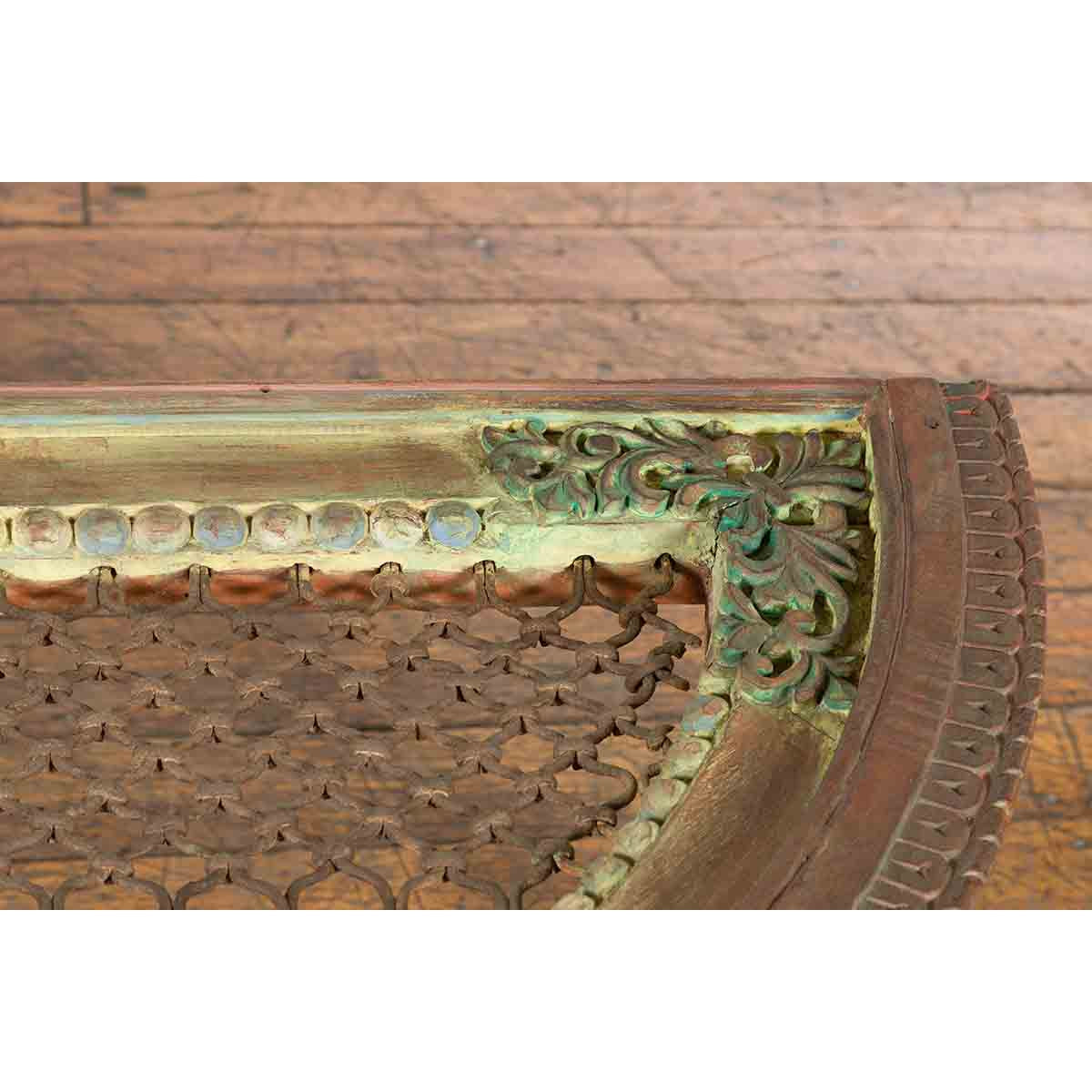 Indian 19th Century Sheesham Wood Low Demilune Table with Window Grate Iron Top-12. Asian &amp; Chinese Furniture, Art, Antiques, Vintage Home Décor for sale at FEA Home