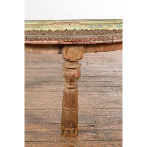 Indian 19th Century Sheesham Wood Low Demilune Table with Window Grate Iron Top