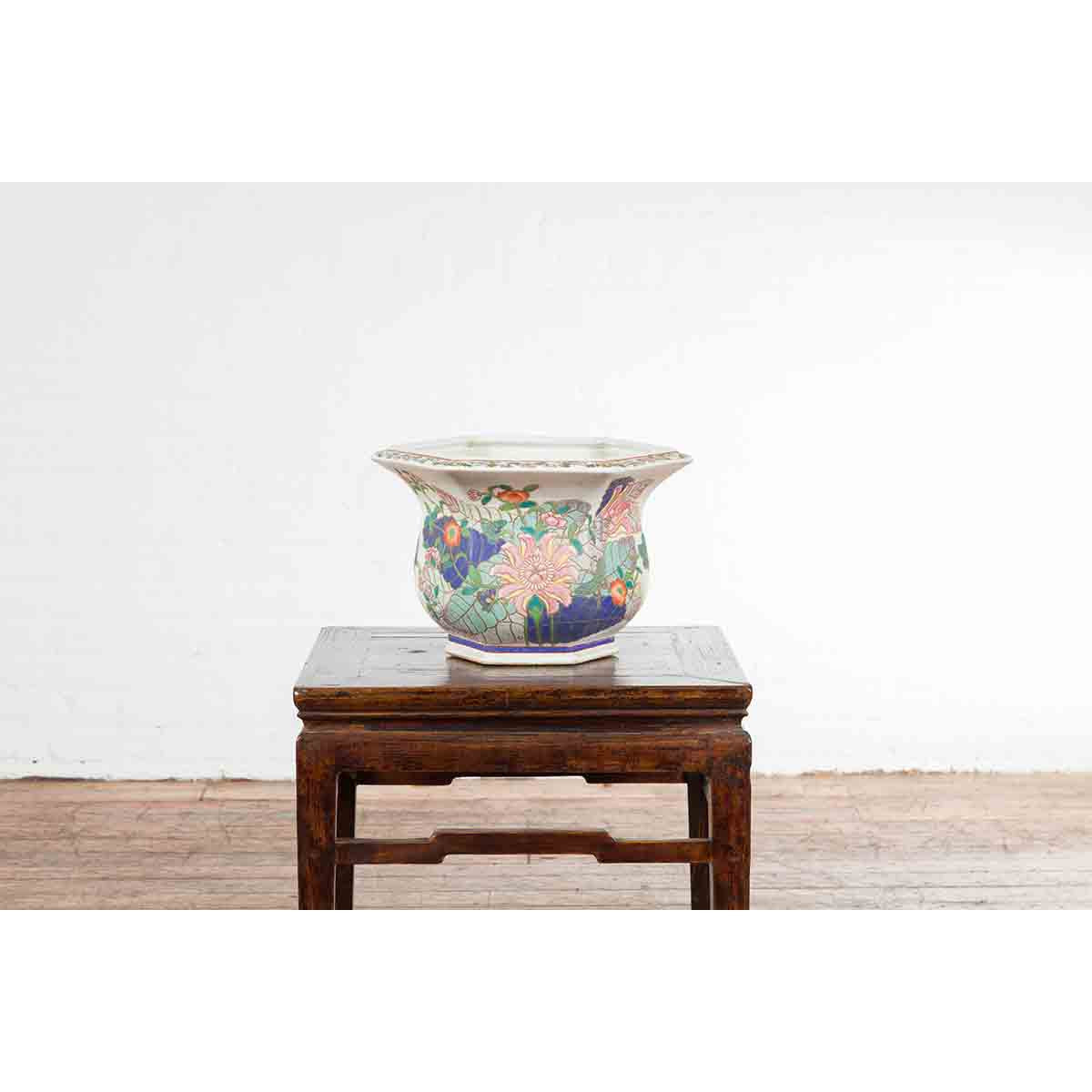 Chinese Vintage Hexagonal Planter with Pastel Foliage, Flowers and Butterflies-9. Asian &amp; Chinese Furniture, Art, Antiques, Vintage Home Décor for sale at FEA Home