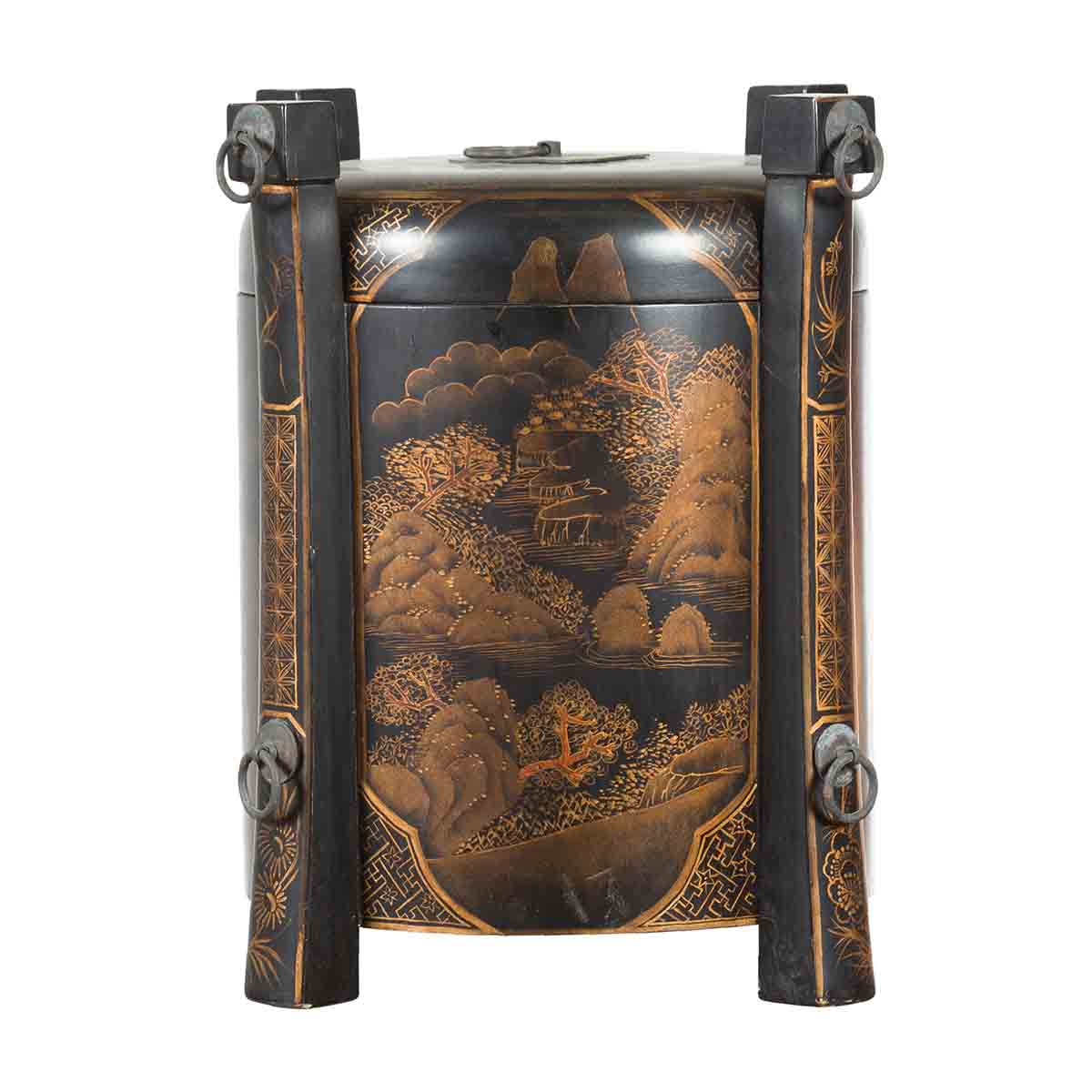 Chinese Vintage Black Lacquer Game Box with Gilded Traditional Landscape Scenes-1. Asian & Chinese Furniture, Art, Antiques, Vintage Home Décor for sale at FEA Home