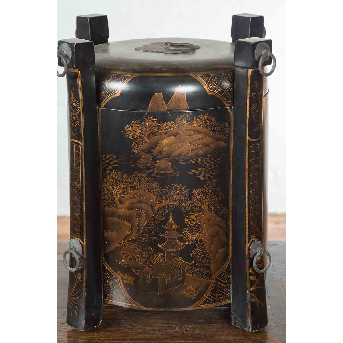 Chinese Vintage Black Lacquer Game Box with Gilded Traditional Landscape Scenes-2. Asian & Chinese Furniture, Art, Antiques, Vintage Home Décor for sale at FEA Home