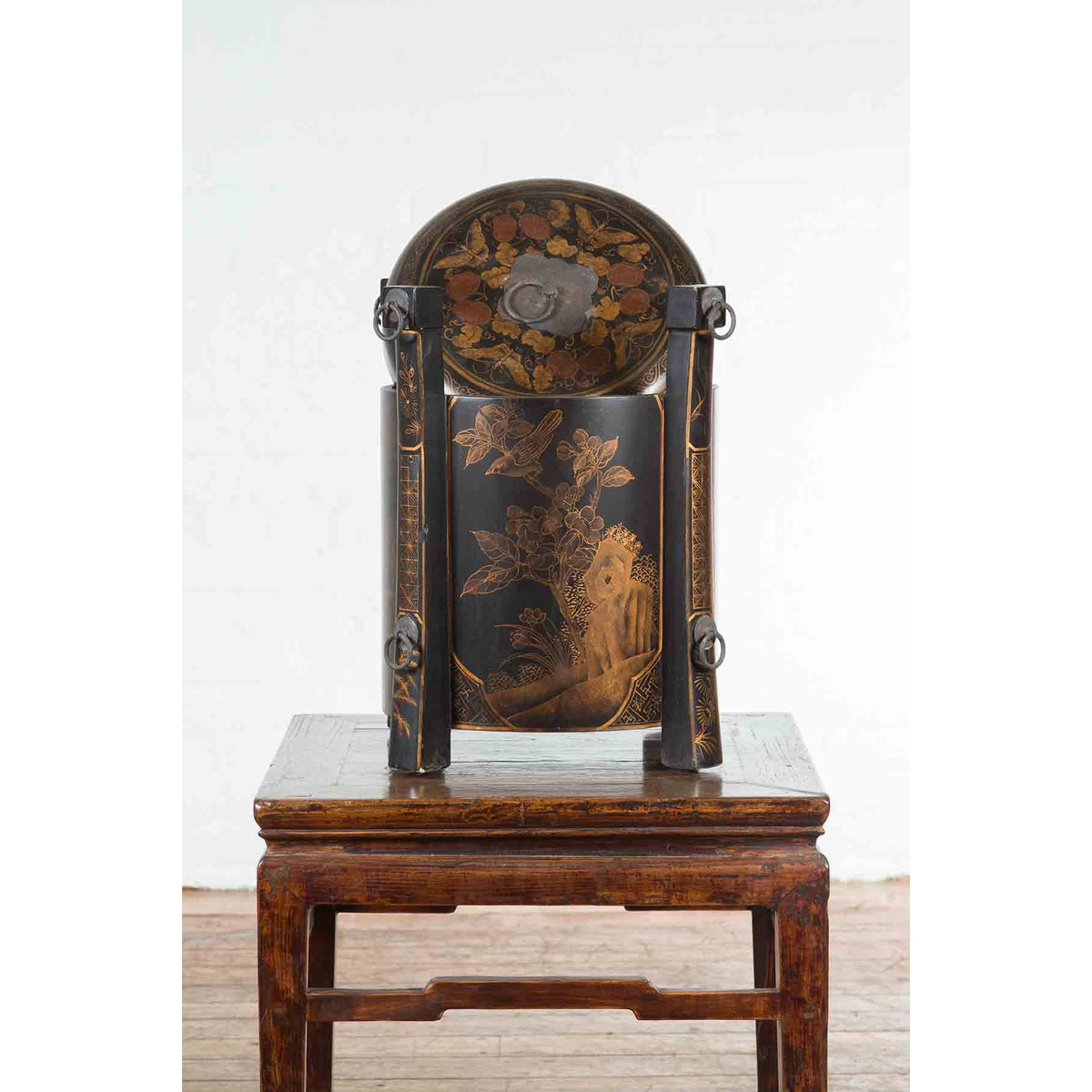 Chinese Vintage Black Lacquer Game Box with Gilded Traditional Landscape Scenes-3. Asian &amp; Chinese Furniture, Art, Antiques, Vintage Home Décor for sale at FEA Home