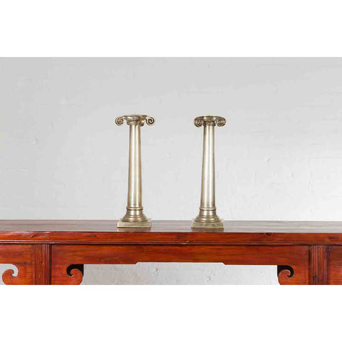 Pair of Brushed Silver over Bronze Column Candlesticks with Large Ionic Capitals-YN7209-3. Asian & Chinese Furniture, Art, Antiques, Vintage Home Décor for sale at FEA Home