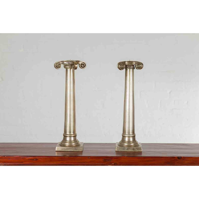 Pair of Brushed Silver over Bronze Column Candlesticks with Large Ionic Capitals