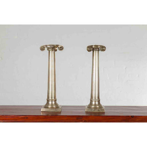 Pair of Brushed Silver over Bronze Column Candlesticks with Large Ionic Capitals-YN7209-5. Asian & Chinese Furniture, Art, Antiques, Vintage Home Décor for sale at FEA Home