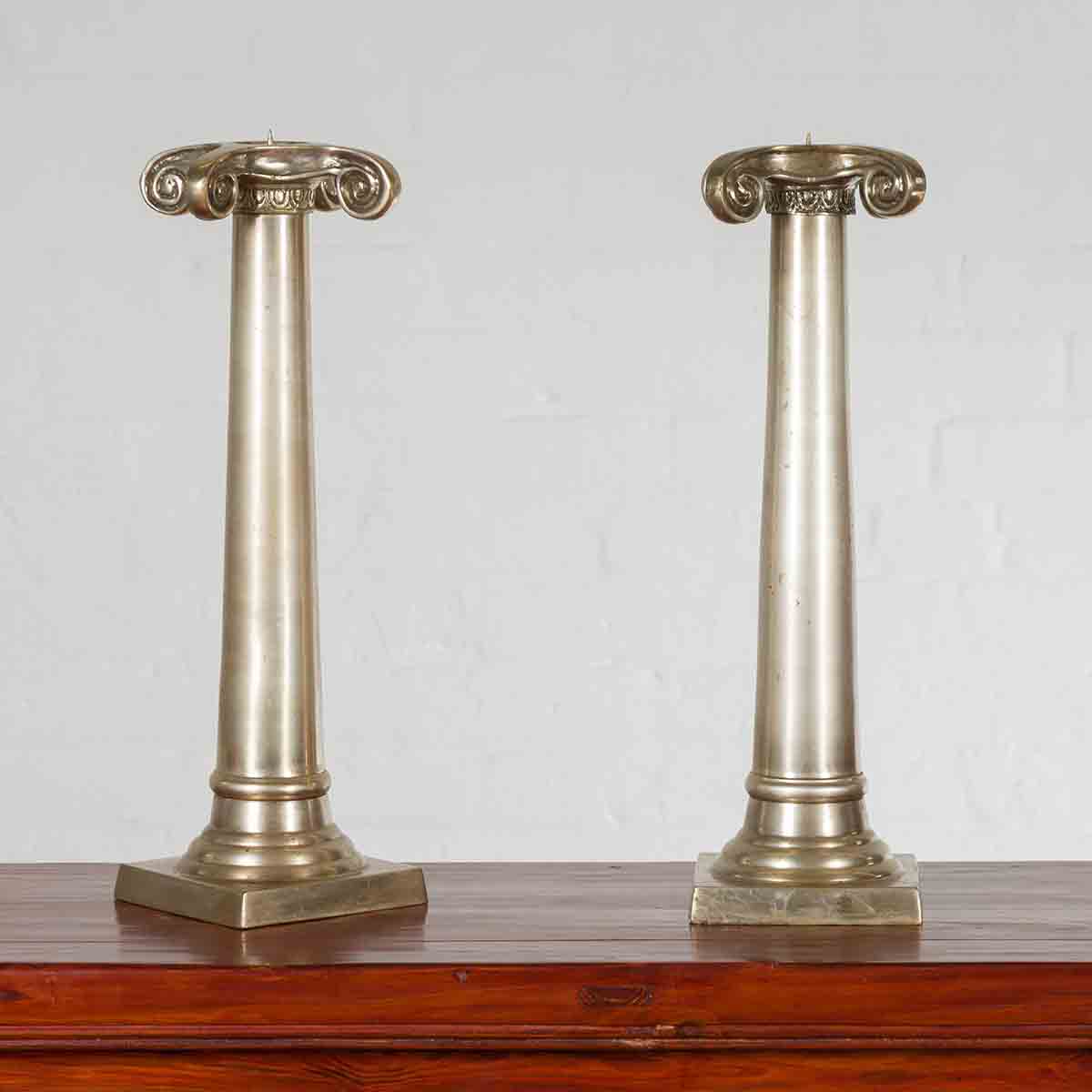 Pair of Brushed Silver over Bronze Column Candlesticks with Large Ionic Capitals-2. Asian & Chinese Furniture, Art, Antiques, Vintage Home Décor for sale at FEA Home