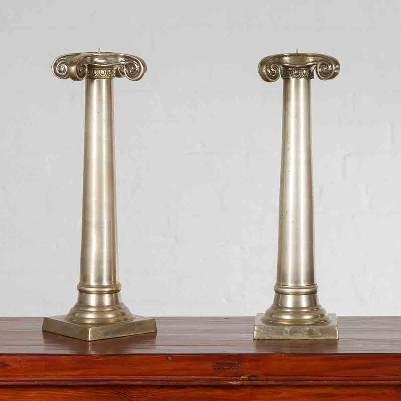 Pair of Brushed Silver over Bronze Column Candlesticks with Large Ionic Capitals-YN7209-2. Asian & Chinese Furniture, Art, Antiques, Vintage Home Décor for sale at FEA Home